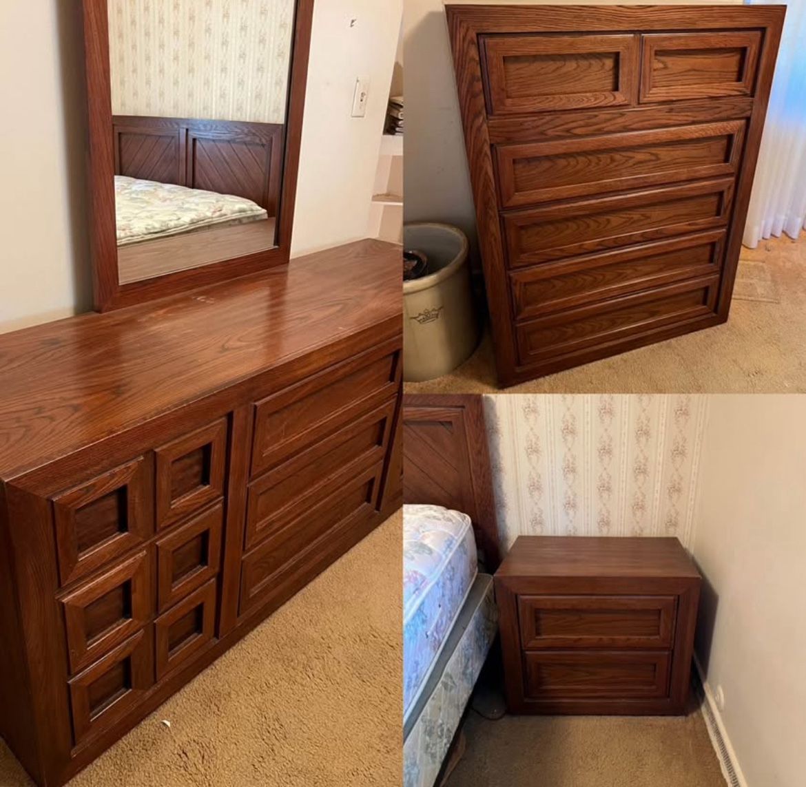 Thomasville MCM Queen Bedroom Set Tall dresser Long dresser mirror nightstand