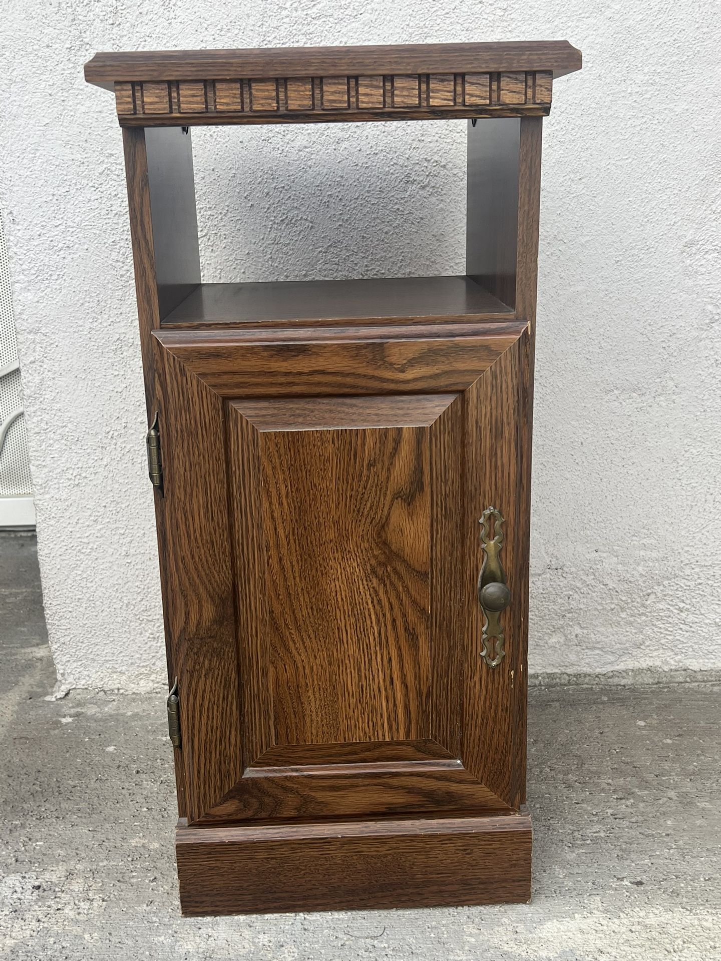 Vintage Oak Wood Nightstand End Table with Cabinet Door and Open Shelf 27x13x12