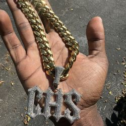 Cuban Chain & Diamond Pendant 14mm 18 Inch 