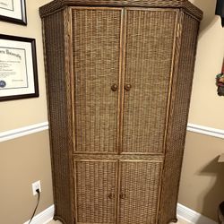Rattan Corner Armoire w/ Computer Pull-Out – Excellent Condition