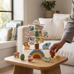 Wooden Animal Stacking Balance Toy for Kids with Rainbow Blocks