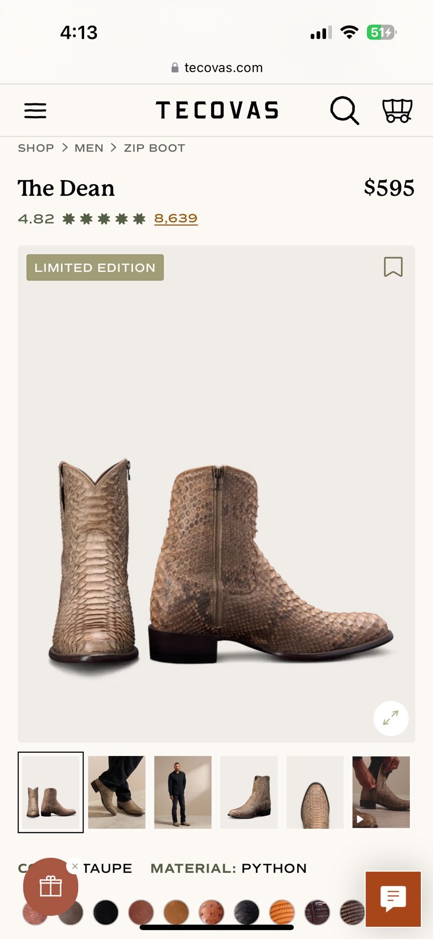 Tecovas The Dean Zip Boot python taupe