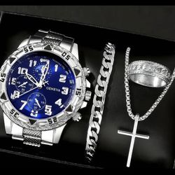 Men's Luxury Watch Set with Cross Necklace, Cuban Bracelet, Ring, Alloy Case Band, Rhinestone Design