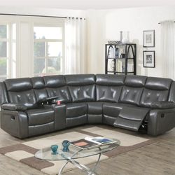 Brand New Grey Leather Reclining Sectional Sofa
