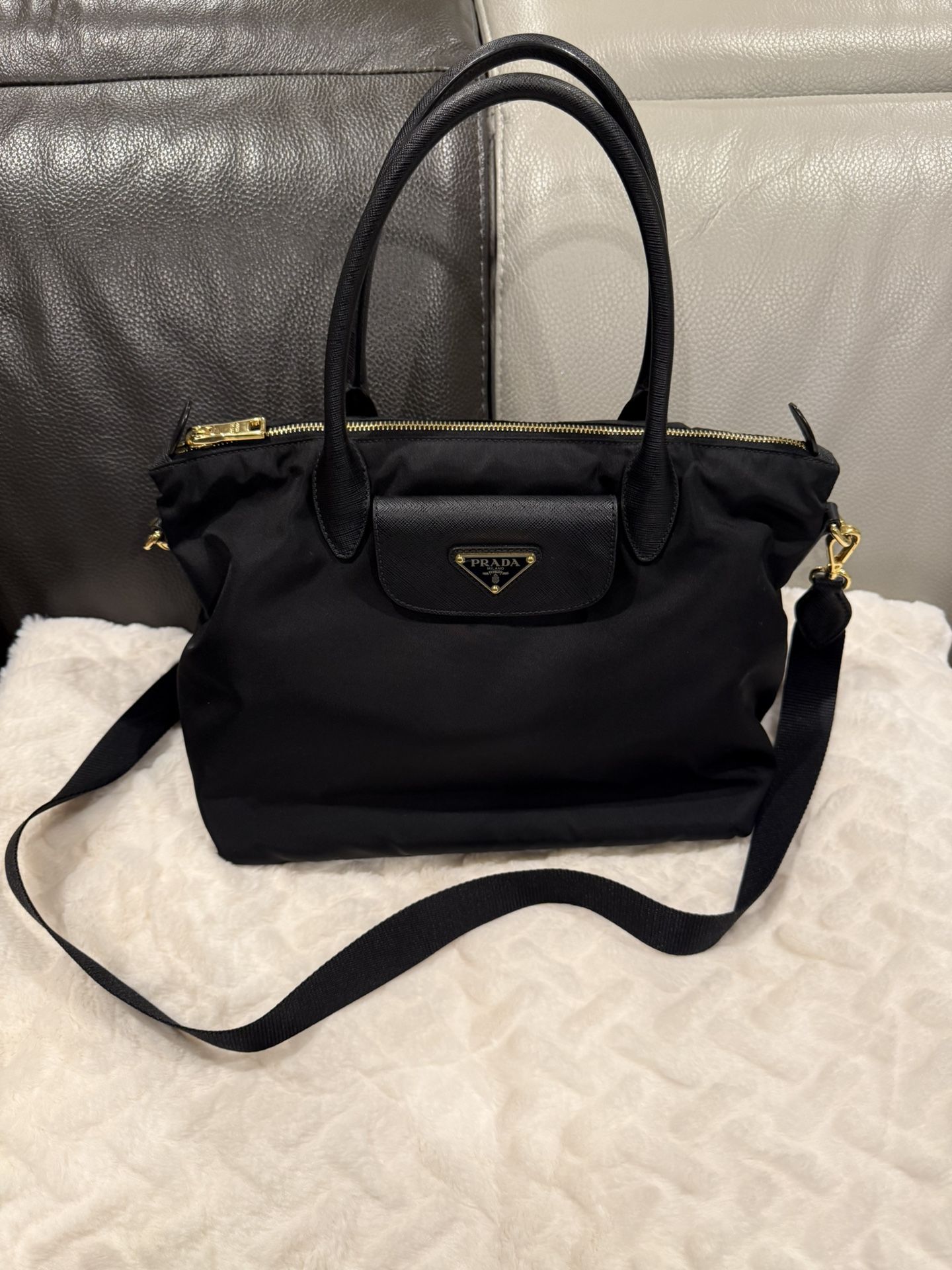 Prada Nylon Saffiano Leather Tote Bag Black GD Hardware Nylon Saffiano