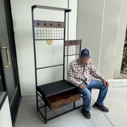 New In Box 40x16x71Inch Tall Metal And Wood Garment Stand Coat Clothes Shoe Rack Hanger With Shelf Organizer Rustic Brown