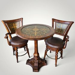 3-Piece Traditional Bistro Set with Gold-Tooled Medallion Top & Swivel Armchairs