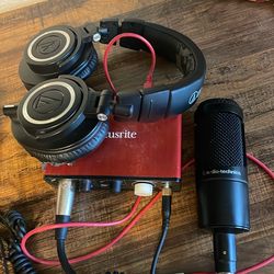 Focusrite + audio technica headphones + audio technica microphone + XLR cables + USB-C to USB cable