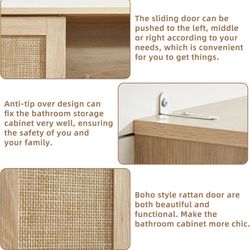 Over The Toilet Storage Cabinet with Rattan Sliding Door, 68" Tall Wood Above Toilet Bathroom Organizer w/Adjustable Shelf & Curved Profile, Space Sav