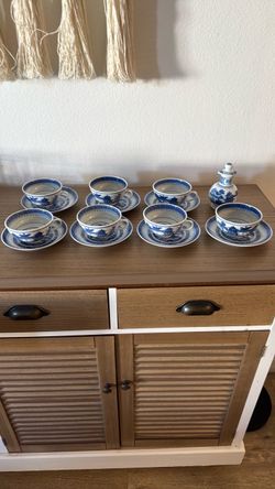 Porcelain Tea Cups (7) + Porcelain Plates (7) + Porcelain Milk Pourer