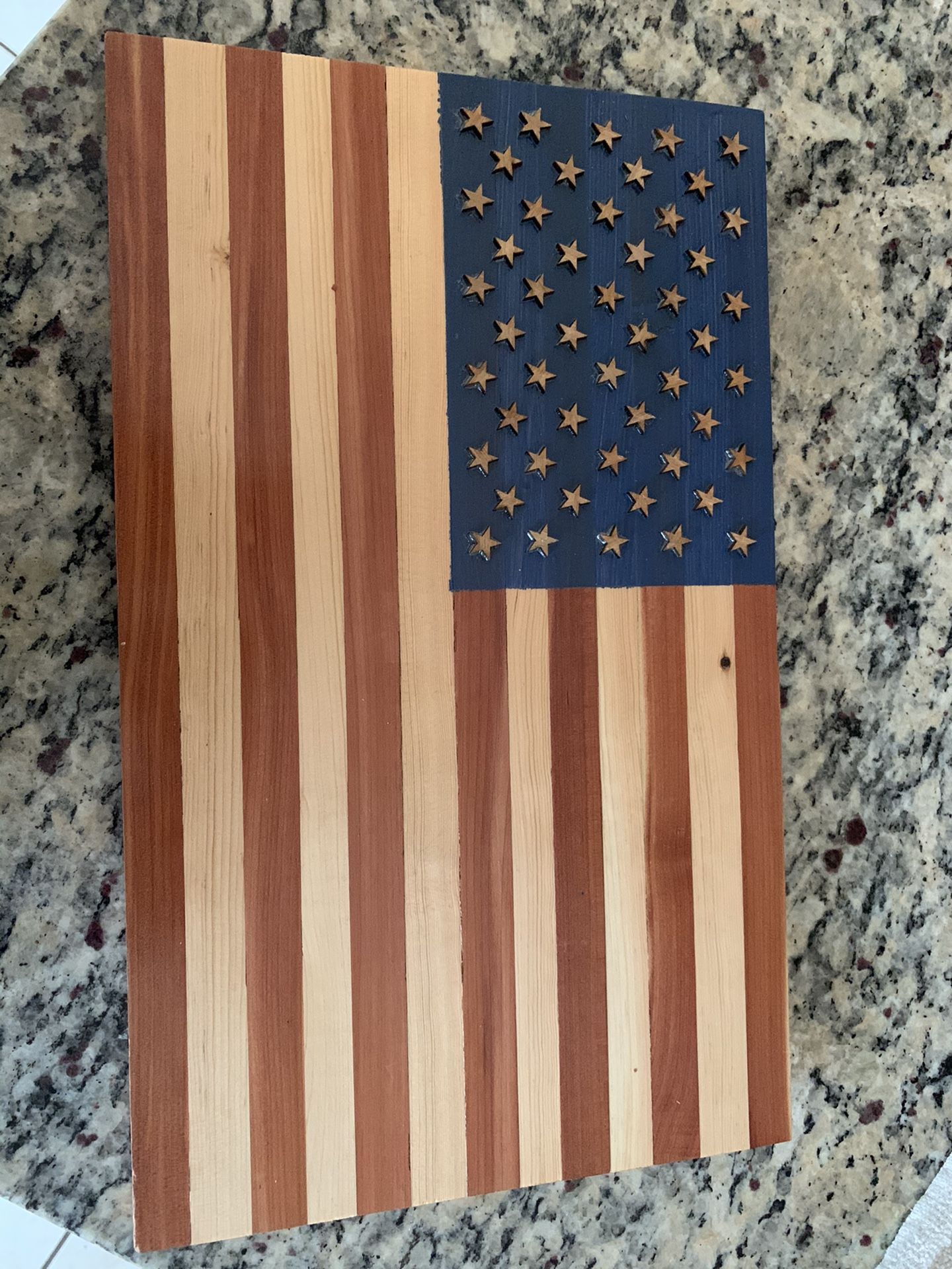15” K x 9” W Hand Crafted Art Piece of American Flag on Wood for Wall Decor