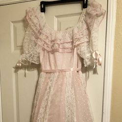 Women’s White Lace & Pink With White Hearts Vintage 1986 Prom Dress Size 5/6
