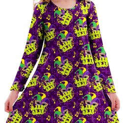 Girls Mardi Gras Dress Fleur De Lis Purple Dresses New Orleans Fat Tuesday Mask Beads Long Sleeve Outfits 11-12 Years