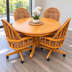 Solid Wood Round Extendable Dining Table with 4 Rolling Swivel Chairs – 5 Piece Set