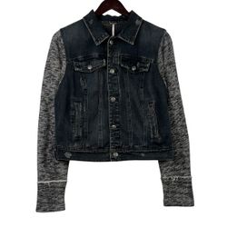 Free People  Mixed Media Hooded Distressed Denim Jacket Womens Size MEDIUM