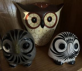 2 Vintage +1 Xtra Mexican Folk Art Ceramic Owls, Tonala, Hand Painted Pottery