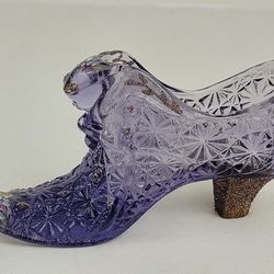 Fenton Art Amethyst Glass Purple Cat Slipper Shoe Hand Painted By D. Owens