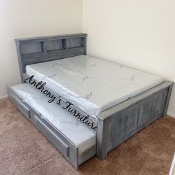 Solid Wood Full Size Bed & Twin Trundle + 2 Foam Mattresses 
