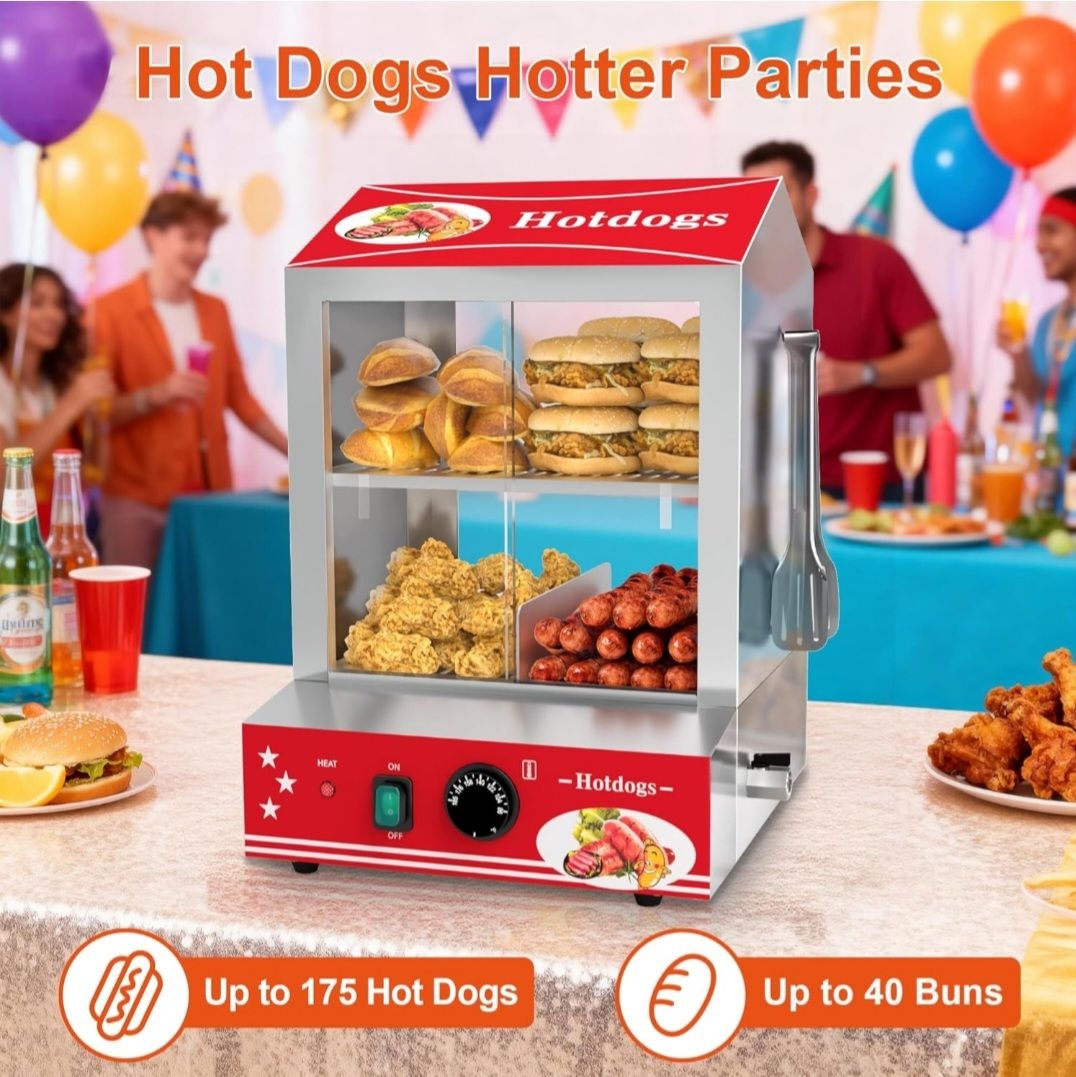 Hot Dog Steamer, 28.5QT 2-Tier Commercial Hot Dog Machine with Bun Warmer, 86°F~185°F Adjustable, 175 Hot Dogs & 40 Buns, Stainless Steel Hot Dog Bun