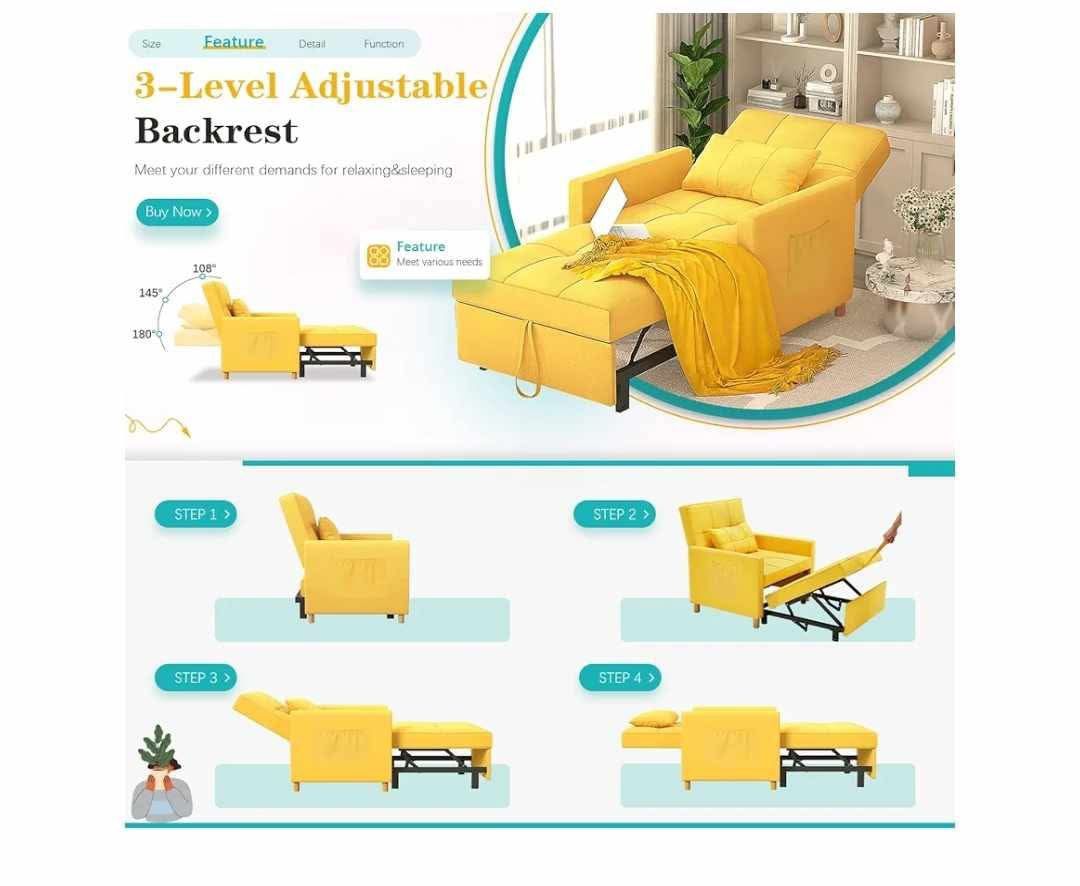 3 in 1 Sleeper Chair Bed for Adults, Single Sofa With 3-Level Convertible Backrest, Pull Out Reading Chair for Small Space, RV, Living Room, Office (Y