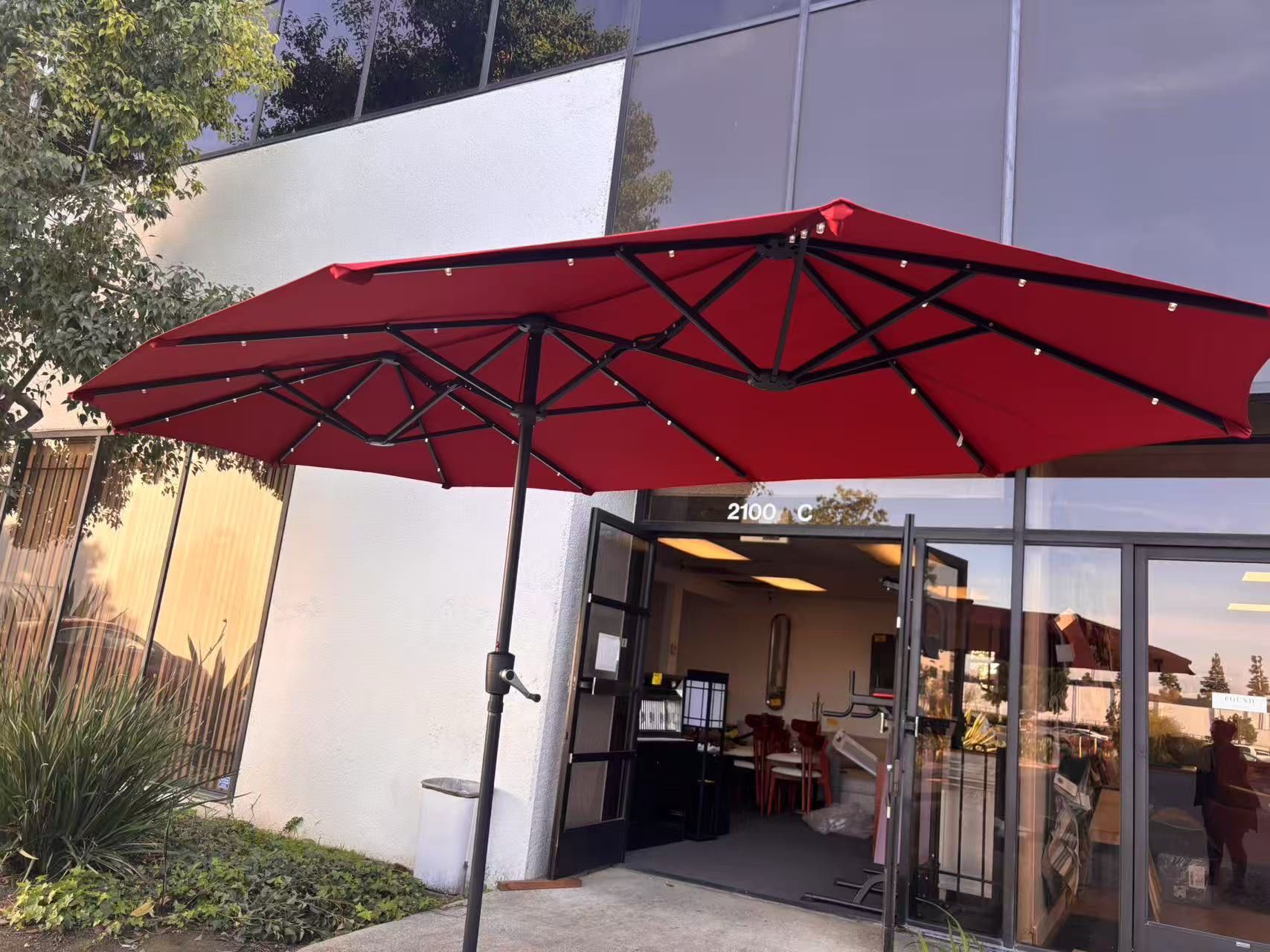 New 13’ Twin Rectangular Double Side Umbrella with Solar LED Light (base sell seperate)