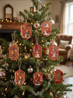 Set of 7 Nostalgic Wooden Tag Christmas Hanging Ornaments Santa Snowman, 4 in