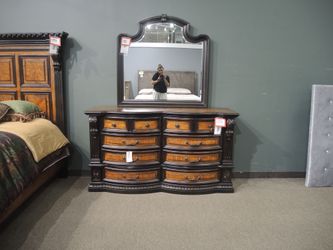Carnegie Manor Espresso 6-Drawer Dresser with Arched Mirror - Carved Wood Detail