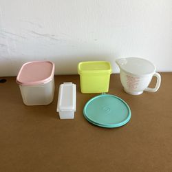 Vintage Miscellaneous Tupperware Containers with Lids: White Butter Dish, White Measuring Cup, Pink Lidded 8 Cup Container and Small Yellow Container