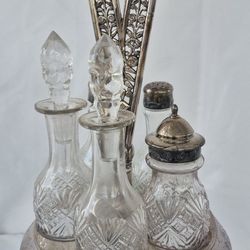 Antique Victorian Silverplated Rotating Cruet Castor Cut Glass Set