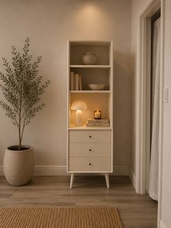 White Mid-Century Bookshelf with Drawers