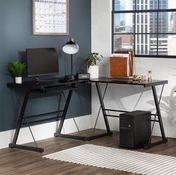 L Shape Glass Top Desk w/Keyboard Tray, 51 in.