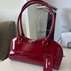 Huda Beauty patent red handbag