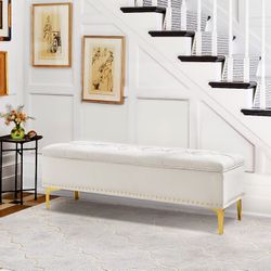 Beige Chenille Modern Storage Bench