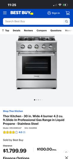 Thor kitchen 30in wide 4 burners 4.2 cu.ft profesional gas rango in liquid propane stainless Steel