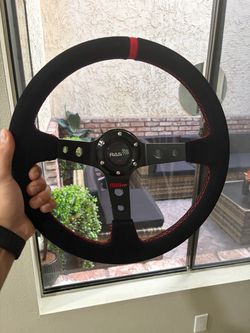 RAS deep dish 14” steering wheel suede with red stitching and red stripe
