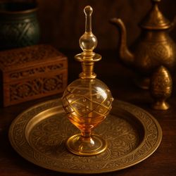 Egyptian Vintage 1990s Hand Blown Glass Perfume Bottle Amber Gold REPAIRED
