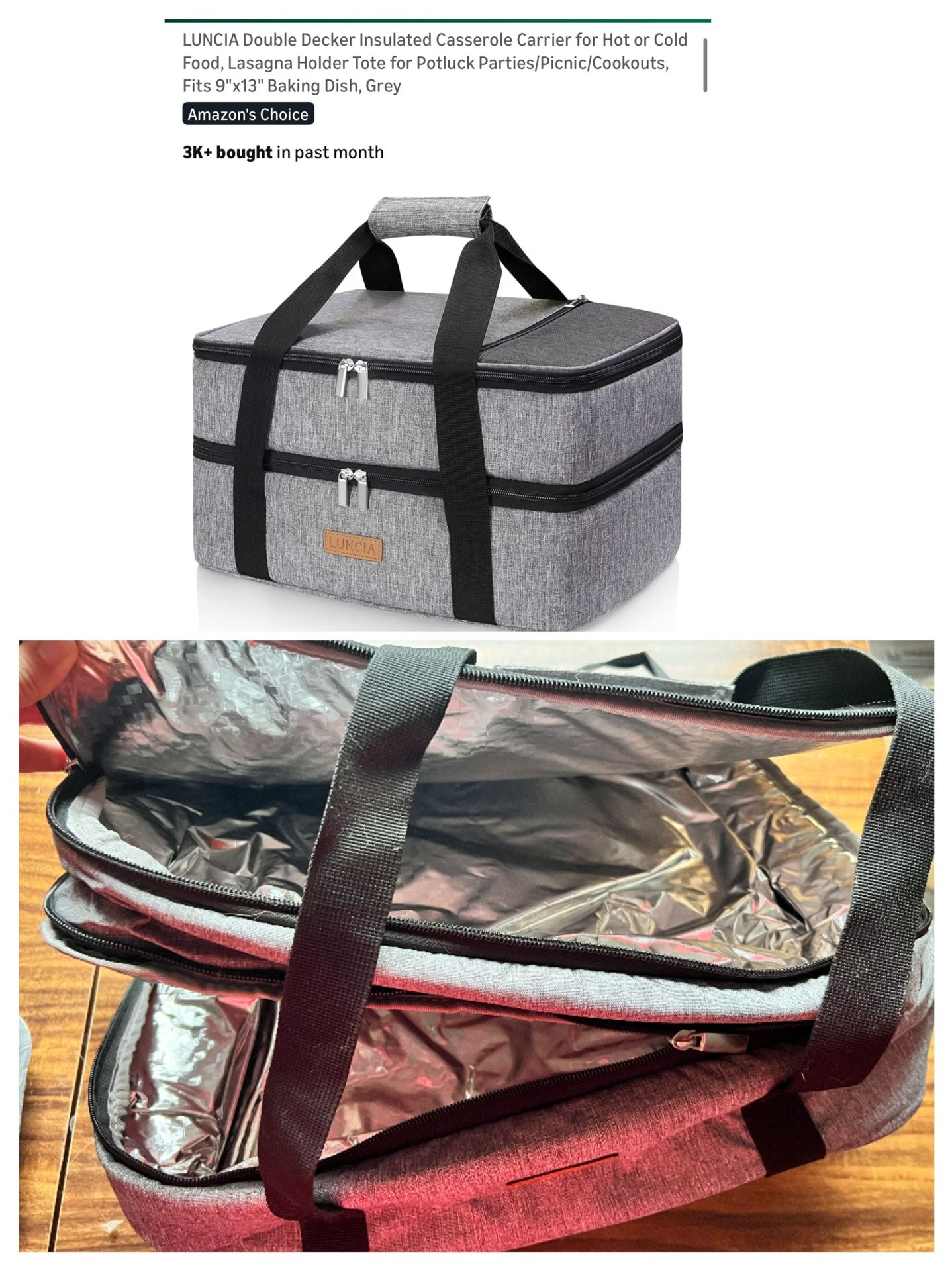 Double Decker Insulated Casserole Carrier for Hot or Cold Food, Fits 9"x13" Baking Dish