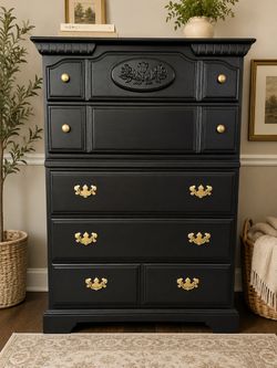 Refinished Vintage Tallboy Dresser – Black & Gold