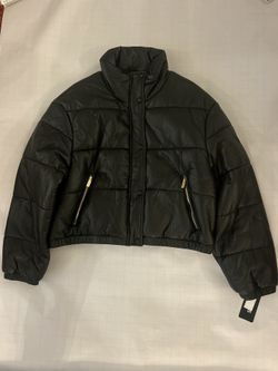 Guess Cropped Faux Leather Puffer Jacket 