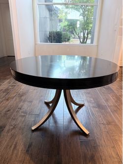 Bernhardt Round Dining Table – Designer Quality, Dark Wood & Metal Pedestal Base