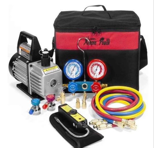 Premium 4CFM Air Vacuum Pump HVAC A/C Refrigeration Kit AC Manifold Gauge Case Set R134a Tap w/Leak Detector and Carrying Tote
