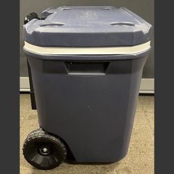 Coleman 60 Quart Cooler on wheels with pull handle, 4 drink holders. Missing plug. 
