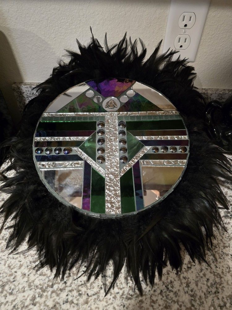 Hand Made 18" Feathered Sun Face Mirror 12"
