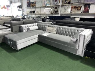 Brand New Silver Velvet Sectional With Storage. 