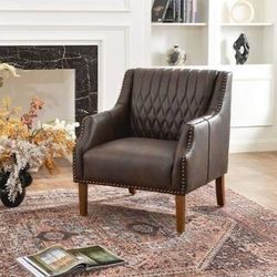 Brown Leather Accent Armchair with Nailhead Trim