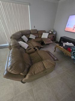 Brown Leather Sectional Sofa with 3 Recliners