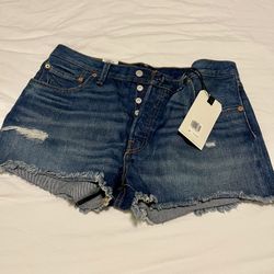 Levis Womens 501 Button Fly Distressed Denim Shorts Size 32 Raw Hem High Rise NWT