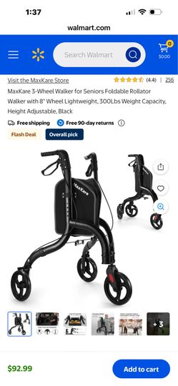MaxKare 3-Wheel Walker Rollator Foldable Lightweight 300Lbs Weight Capacity 8-inch Wheels Height Adjustable Black