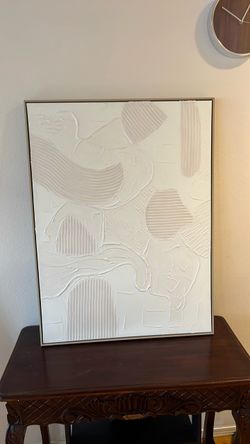 This is a minimalist white textured abstract canvas featuring raised 3D plaster relief patterns and neutral striped shapes