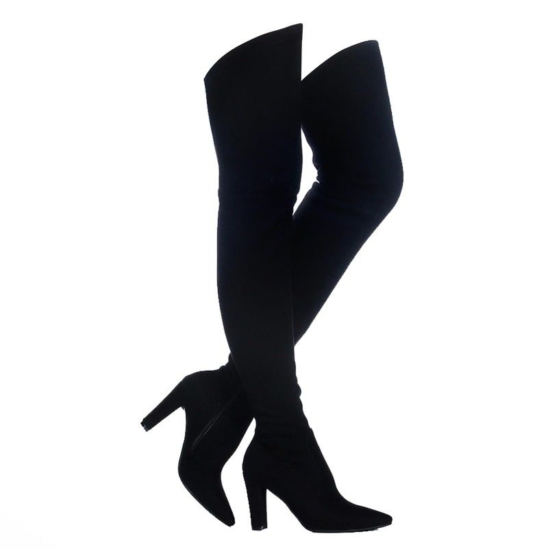 Shoe'N Tale Women Stretch Suede Chunky Heel Over The Knee Boots Thigh High for Women (SIZE 41 Suede Black)